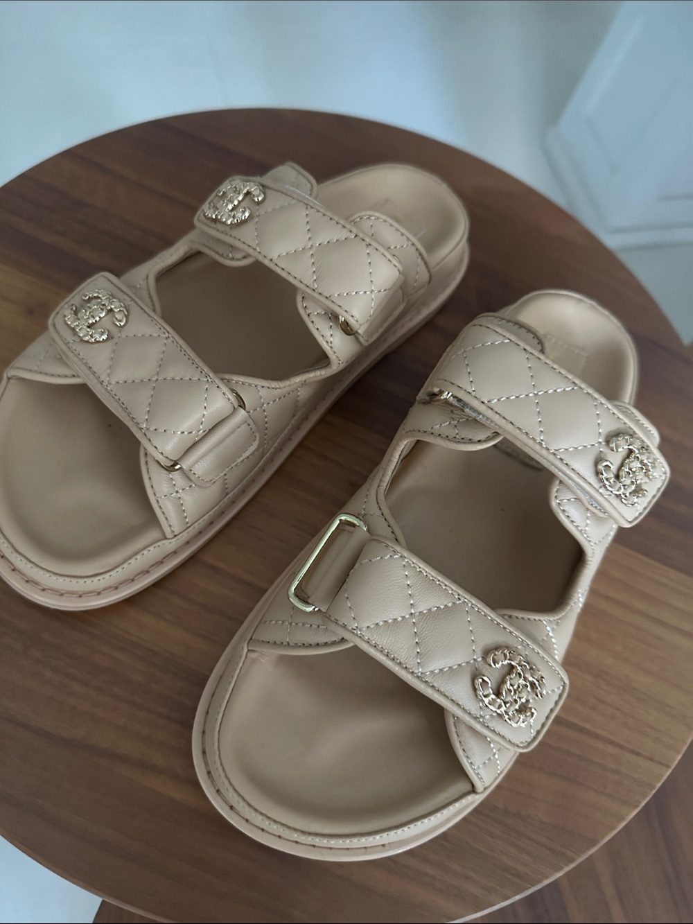 CHANEL Quilted Beige Double-Strap Slide Sandals with Gold CC Hardware - Women